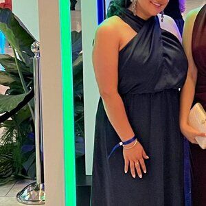 Curve midi dress with cross front tie neck in satin navy